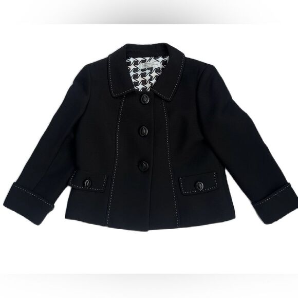 Tahari Suit Arthur Levine Skirt Size 6P Black White Stitched Trim Cuffed Sleeve - Picture 2 of 15